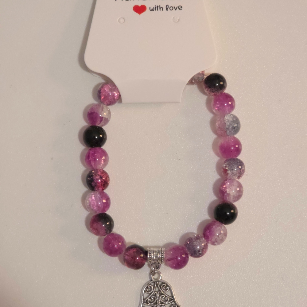 Pink Beaded Bracelet with Hamsa Charm - Picture 2 of 3